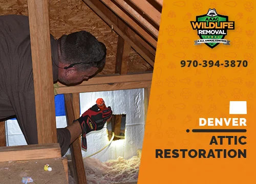 Wildlife Pest Control operator inspecting an attic in Denver before restoration